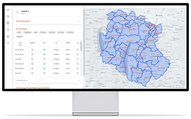 Gebietsansicht in Smartlane Transport Intelligence: Primär- und Sekundärgebiete mit zugeordneten Fahrzeugen