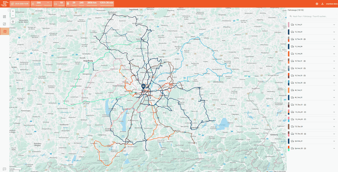 Smartlane Kartenansicht für die Tourenplanung auf der letzten Meile