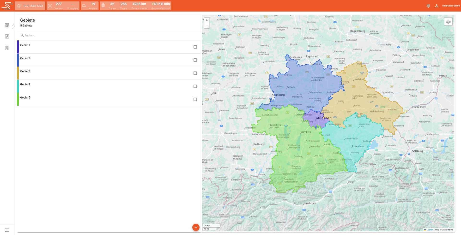 Gebiete und Rahmentouren in Smartlane