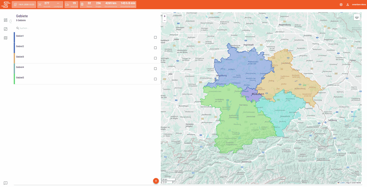 Gebiete und Rahmentouren in Smartlane
